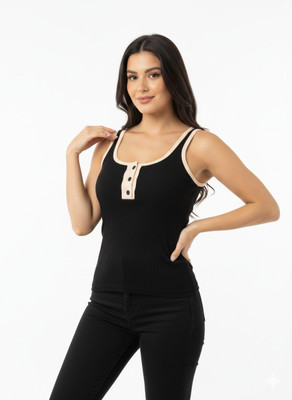 KAISH Casual Solid, Self Design Women Black Top