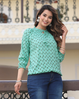 Pittra4ever Casual Printed Women Light Green Top