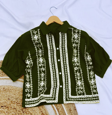 HIR COUTURE Casual Embroidered Women Green Top