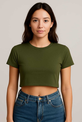 ALSUN Casual Solid Women Green Top