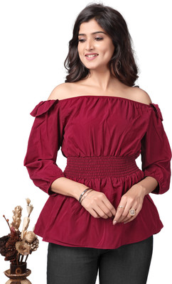 ZELZIS Casual Solid Women Maroon Top