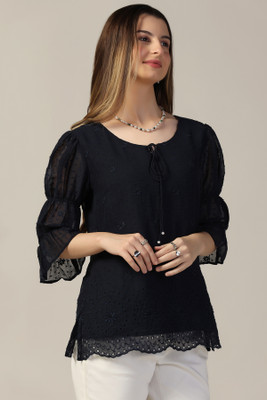 mustard Casual Self Design Women Black Top