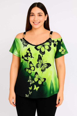 classy looks Casual Printed, Graphic Print Women Green, Black Top