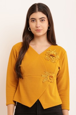 bluebestof Casual Solid Women Yellow Top