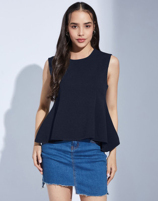 Moda Rapido Casual Solid Women Blue Top