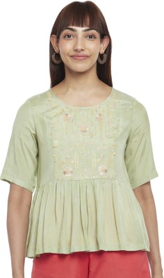 Akkriti by Pantaloons Casual Embroidered Women Green Top