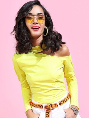 Tokyo Talkies Casual Solid Women Yellow Top