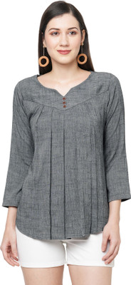 GO.4.IT Casual 3/4 Sleeve Self Design Women Grey Top