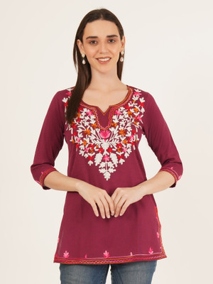 Roseverse Casual Embroidered Women Purple Top