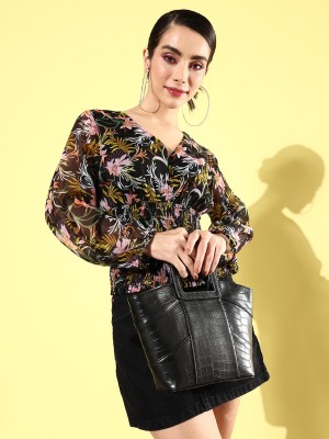 QUIERO Casual Floral Print Women Black Top