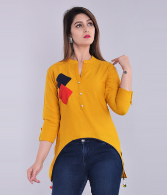 BLEZZA Casual 3/4 Sleeve Solid Women Yellow Top