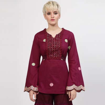 LELA Party Embroidered Women Maroon Top