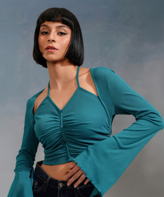 Tokyo Talkies Casual Solid Women Blue Top