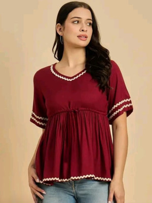 AYUX Casual Embroidered Women Maroon Top