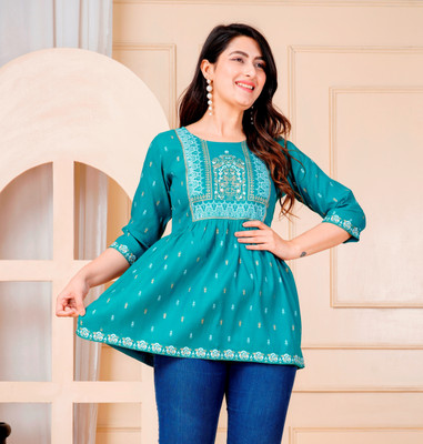 ADHOVASTRAM Casual Printed Women Light Green Top