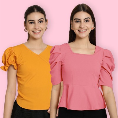 Tromko Casual Solid Women Yellow, Pink Top