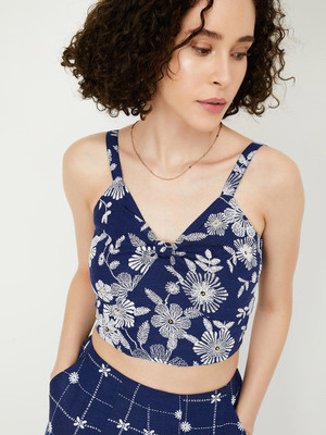 MAX Casual Floral Print Women Dark Blue Top