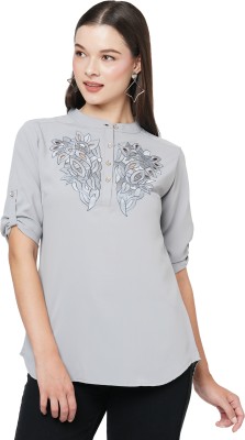 GO.4.IT Casual 3/4 Sleeve Embroidered Women Grey Top