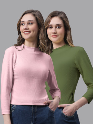 FBAR Casual Self Design Women Pink, Green Top