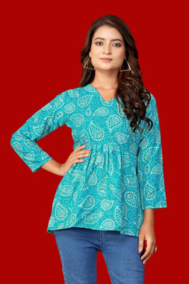 MANIJAYFAB Party Printed Women Light Blue Top