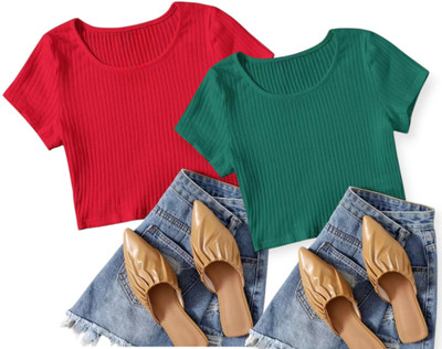 WEARUX Formal Self Design Women Red, Green Top