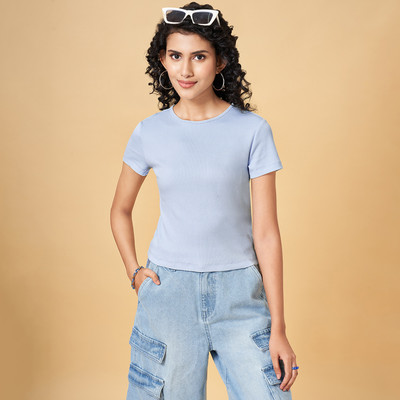 PEOPLE Casual Solid Women Light Blue Top