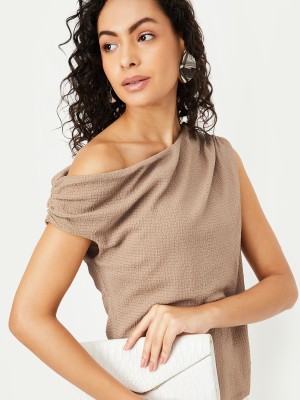 MAX Casual Solid Women Beige Top