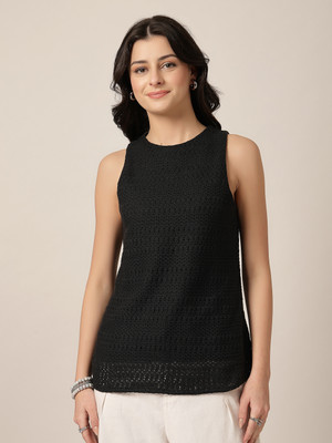 Style Quotient Casual Self Design Women Black Top