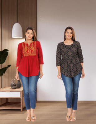 Damsel Casual Floral Print, Embroidered Women Maroon, Black Top