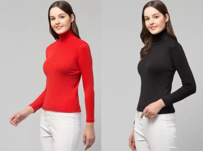 ANTRUE Casual Solid Women Black, Red Top