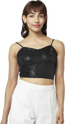 PEOPLE Casual Embellished Women Black Top