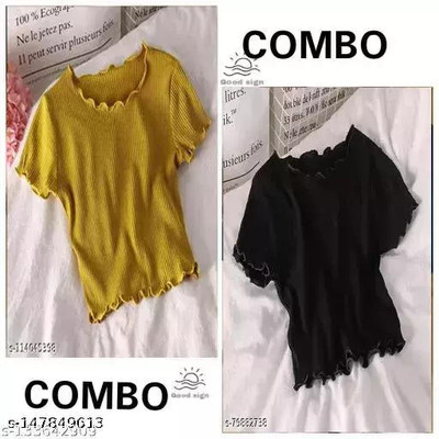 GLADLY Casual Solid Women Yellow, Black Top