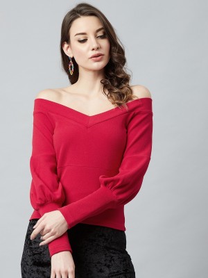 ATHENA Casual Puff Sleeve Solid Women Red Top