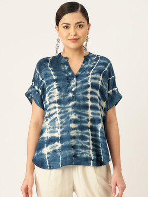 PinkTribe Casual Tie & Dye Women Dark Blue, White Top