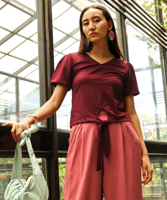 Pina Colada Casual Solid Women Red Top