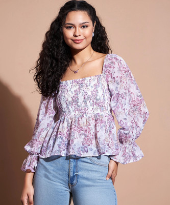 Deewa Party Floral Print Women Purple Top