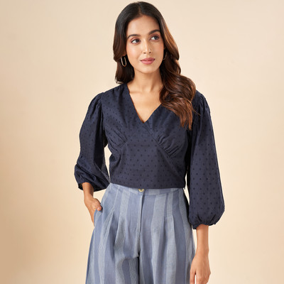 Akkriti by Pantaloons Casual Solid Women Dark Blue Top
