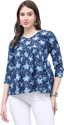 Wonder Weave Casual Printed Women Blue Top
