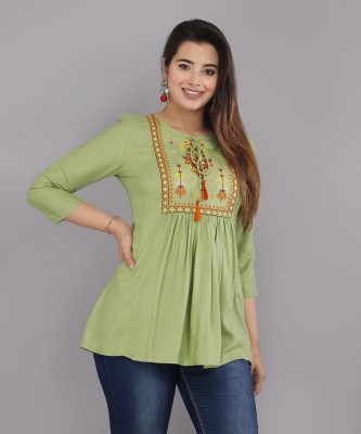 Dinru Casual Embroidered Women Light Green Top