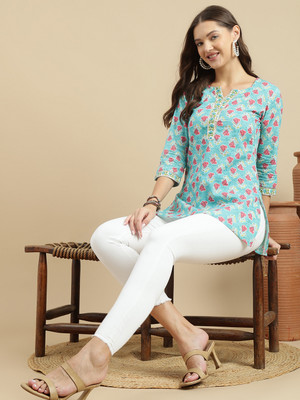 Janakdulari Creation Formal Floral Print Women Light Blue Top
