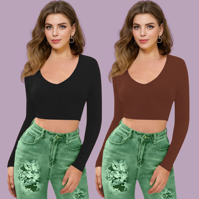 Dream Beauty Fashion Casual Solid Women Brown, Black Top