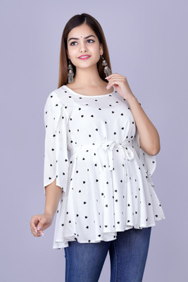 CREATIONESH Casual Printed Women Black, White Top