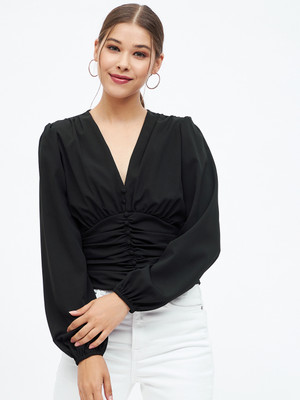 HARPA Casual Solid Women Black Top