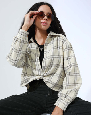 SHOWOFFFF Casual Checkered Women Beige Top