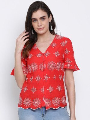 OXOLLOXO Casual Half Sleeve Printed Women Red Top