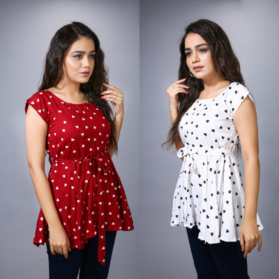 DMT Ethnic Party Printed Women White, Maroon Top