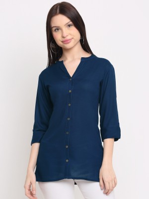 DORIYA Casual Solid Women Blue Top