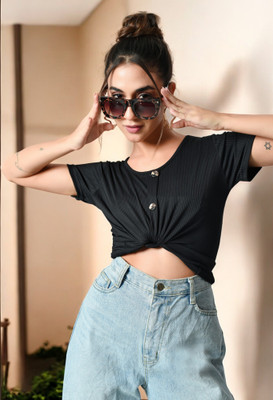HouseOfCommon Casual Solid Women Black Top