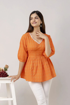 UNIFYFASHION Formal Embroidered Women Orange Top