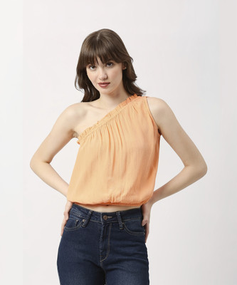 Pepe Jeans Casual Self Design Women Orange Top